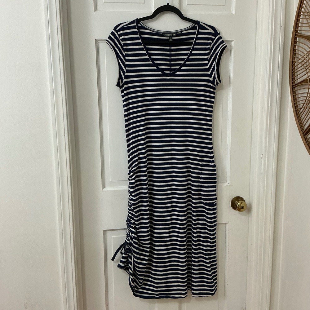 Toad&Co Striped Ruched Midi Dress M Blue Organic Cotton Coastal Nautical Preppy